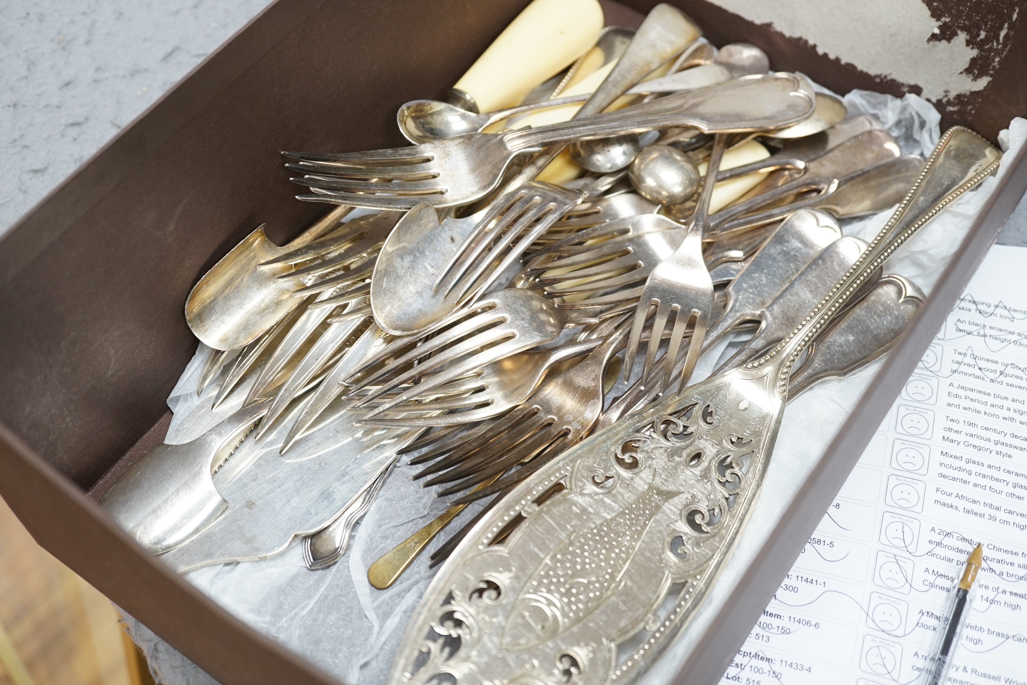 Mixed silver plate including cutlery, dishes, decanter labels and model pheasants
